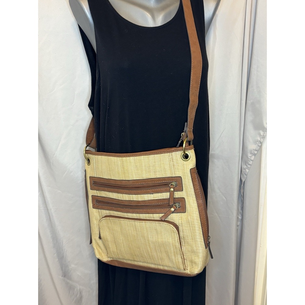 Bueno Faux Leather Faux Straw Crossbody Bag Purse Brown Adjustable Strap Beach